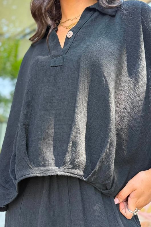 Lina Linen Blend French Tuck Blouse Black